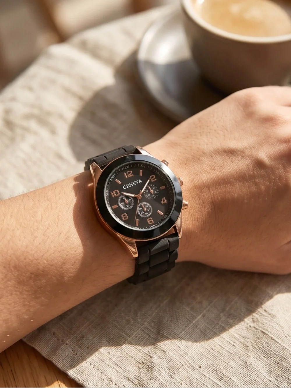 New Geneva Watch Black Silicone Band Rose Gold Tone Hardware New Battery!
